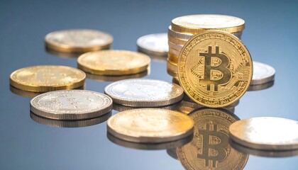 Stacked cryptocurrency coins on reflective surface, macro shot, dramatic lighting, sharp metallic texture, editorial-grade.