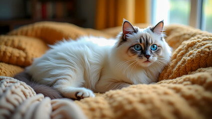Ragdoll Cat with Blue Eyes Resting on Cozy Bed