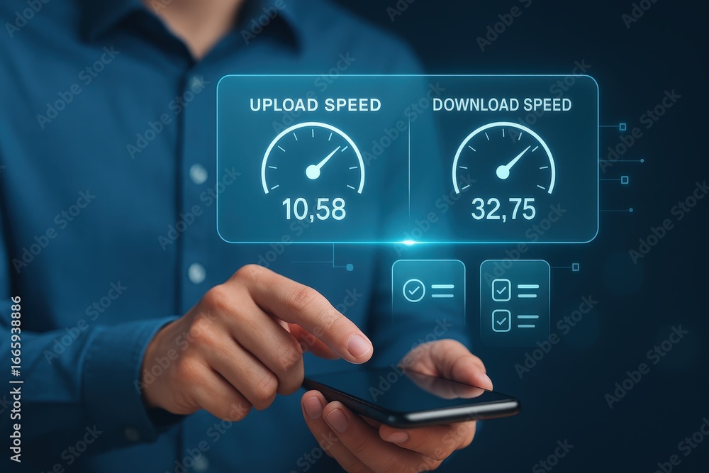 Poster A person interacts with a digital interface displaying internet upload and download speeds.