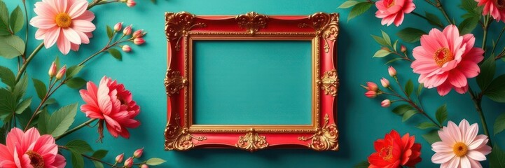Gilded red picture frame against a teal floral backdrop; ample copy space , ornate, decorative