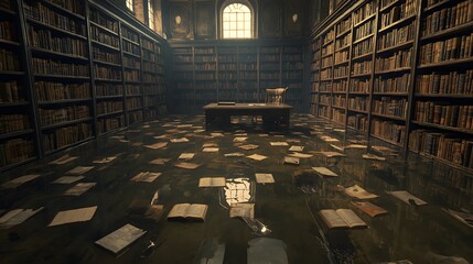 An atmospheric dimly lit ancient library filled with towering bookshelves and scattered papers on the floor illuminated by a single window