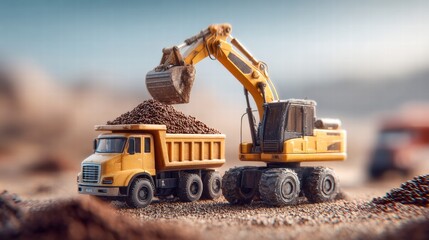 Obraz premium A yellow excavator loading a dump truck with gravel at a construction site.
