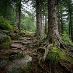 Obraz premium Misty forest path winding through ancient trees