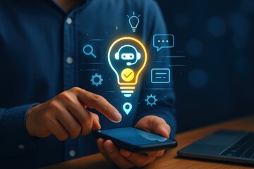 A person interacts with a digital lightbulb graphic overlaid on a smartphone, representing innovative customer service solutions.