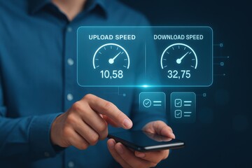 A person interacts with a digital interface displaying internet upload and download speeds.