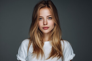 A Russian haute couture model with dark blonde hair, between 25 and 30 years old, straight hair, green eyes, white t-shirt and gray background.