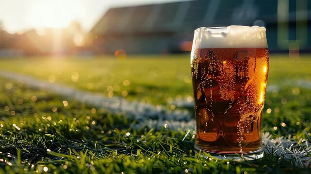 a glass of beer on the background of a football field. Selective focus