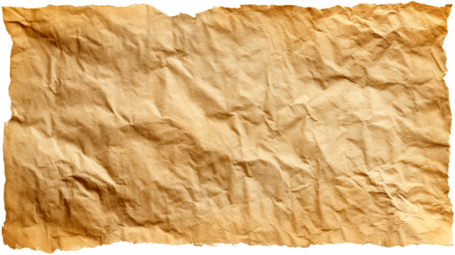 Aged crumpled paper texture with torn edges and visible fabric weave, cut out transparent
