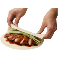Fotobehang Peking Hands Rolling a Fresh Peking Duck Wrap Authentic Peking Roasted Duck Transparent background   © Pixelpicks