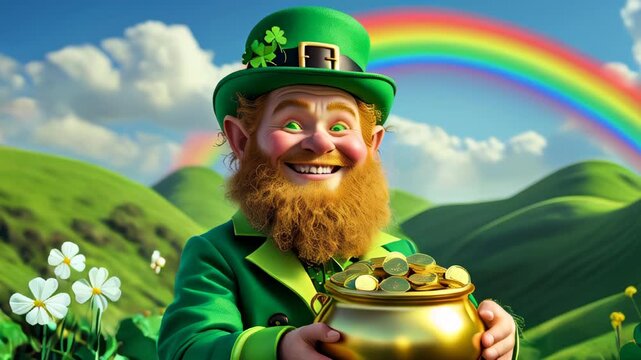 Happy leprechaun with rosy cheeks and a mischievous smile holds a pot of gold beneath a vibrant rainbow over lush green hills, celebrating St. Patrick&rsquo;s Day with joy and wonder