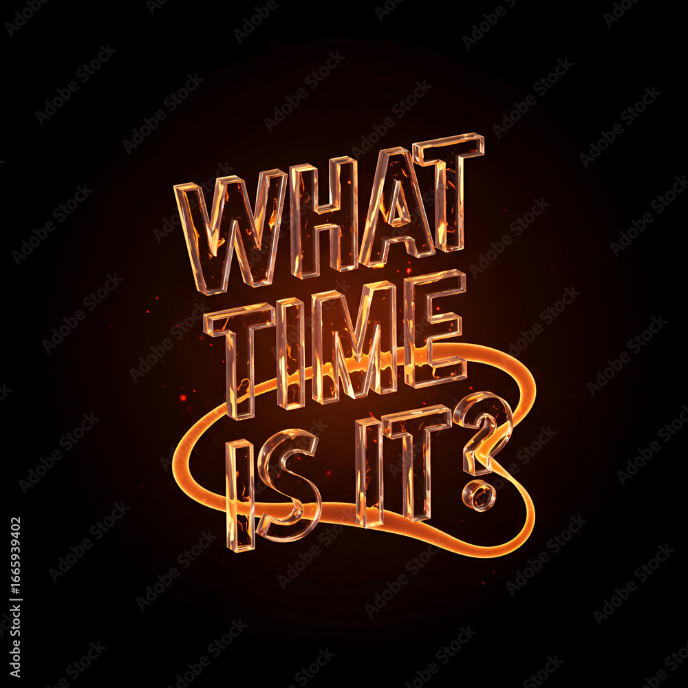 Aufkleber dynamic 3d what time is it? graphic design with fire-like effects, glowing against a black backgroun