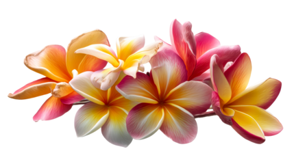 Exotic plumeria flowers with vibrant pink and yellow petals displayed on a white background, cut out transparent