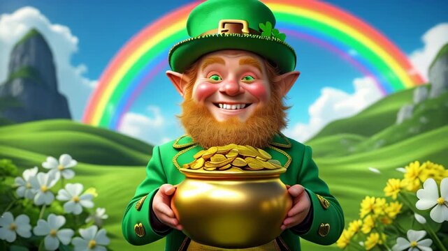 Happy leprechaun with rosy cheeks and a mischievous smile holds a pot of gold beneath a vibrant rainbow over lush green hills, celebrating St. Patrick&rsquo;s Day with joy and wonder
