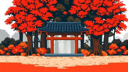 A pixelated Japanese forest shrine with thick autumn foliage, bold color blocks of orange, brown, and red, isolated spiritual feel, retro pixel art