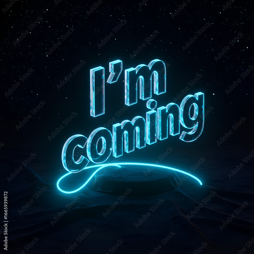 Poster neon i'm coming text display on a dark, starry background with a glowing platform. modern, stylized 