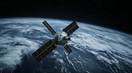 Fototapeta premium satellite equipped with solar panels orbits high above Earth, with planet's surface and atmosphere visible beneath starry cosmos. image symbolizes technology, communication, and exploration of space.