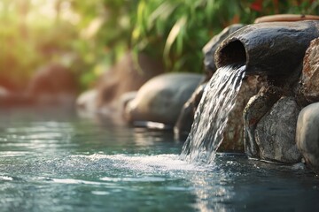 Naklejka premium Water cascading from stone pipe into a spa