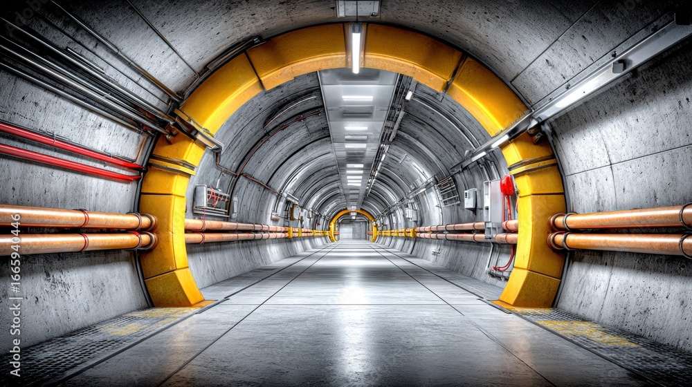 Poster this image presents a symmetrical tunnel design with geometric shapes and lines, and it's well-lit.