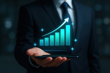 A businessman holds a digital graphic of a rising bar graph, highlighting progress and growth.