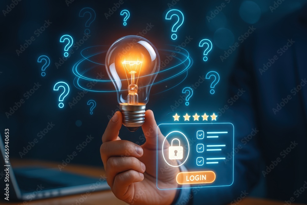 Poster a glowing lightbulb, representing ideas, is held in a hand over a digital interface with questions a