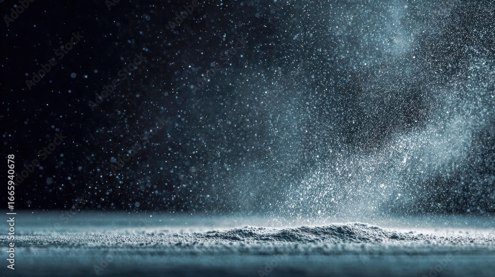 Poster a dynamic abstract image of falling particles against a dark blue backdrop