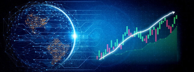 This image presents a futuristic concept of global financial growth, showcasing a world map alongside a colorful financial chart and network connections. Impute
