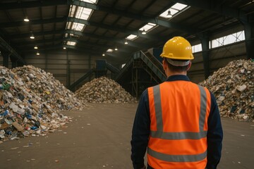 Recycling supervisor: A focused supervisor surveys a colossal recycling center, evaluating mountains of waste, ensuring effective processing for environmental sustainability.