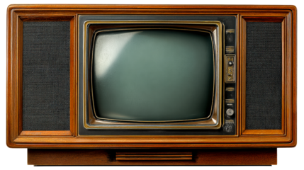 Vintage wooden television set with dual speakers and dark screen, cut out transparent