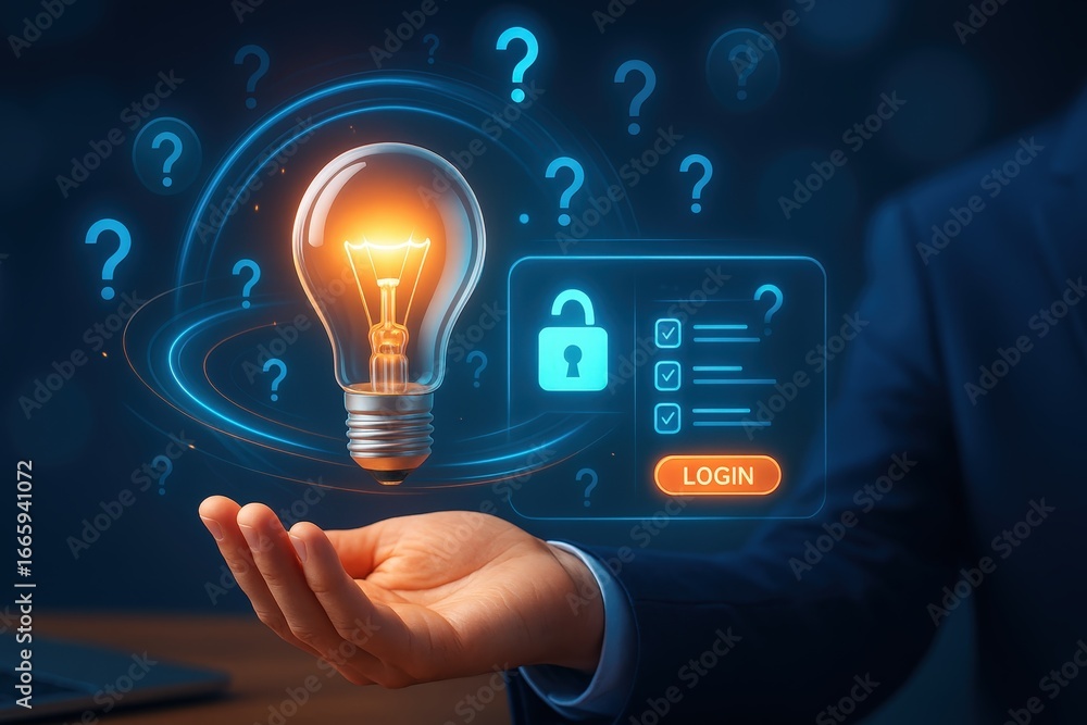 Poster a hand holds a glowing lightbulb, surrounded by question marks, with a digital login interface super