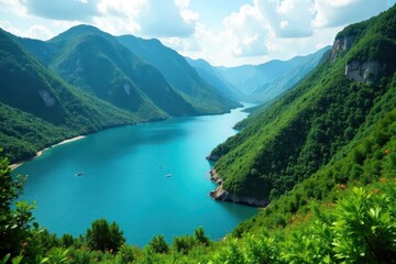 Steep emerald slopes plunging into vibrant blue water , shadow, boat tour, aerial view