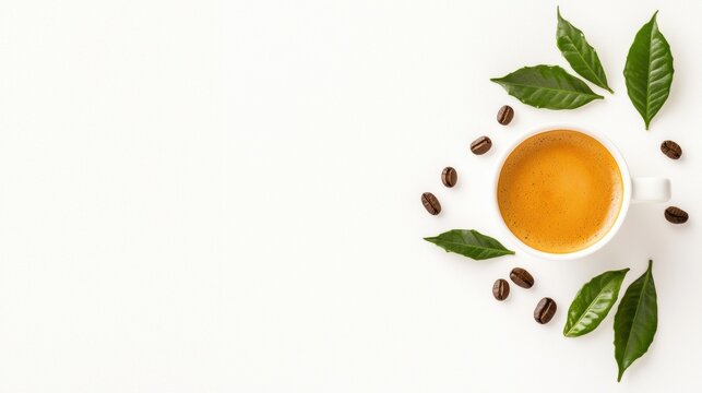 A cup of coffee with leaves and coffee beans around it. - Powered by Adobe