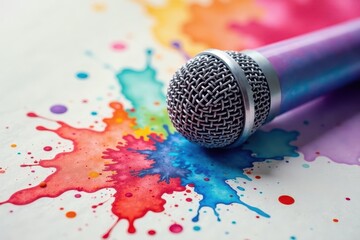 Close-up watercolor mic, notepad; vibrant splatter backdrop , art, project