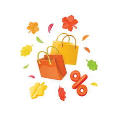Basic Sale banner. Shopping bags autumn background with 3d vector red and yellow fall leaves and percentage sign. Thanksgiving advertising, discount conceptGB