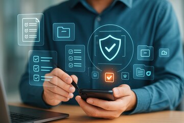 A person interacts with a digital interface displaying various checklist and folder icons, suggesting a workflow or task management system with security features.