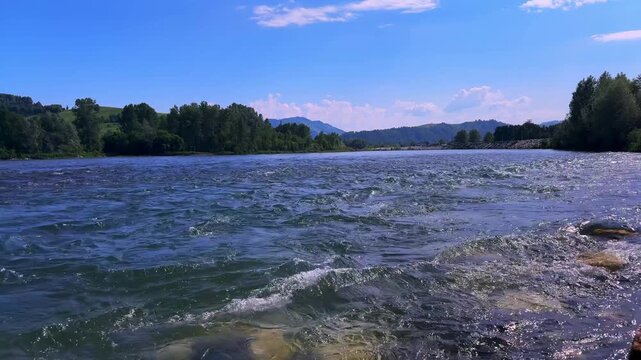 Serene River Views Under Bright Blue Skies with Gentle Waves and Lush Greenery in Background, Capturing Nature's Tranquility and Beauty