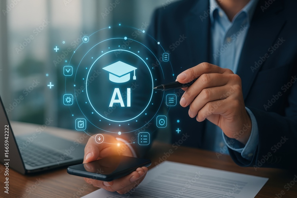 Poster a person in a business suit interacts with a holographic representation of artificial intelligence c
