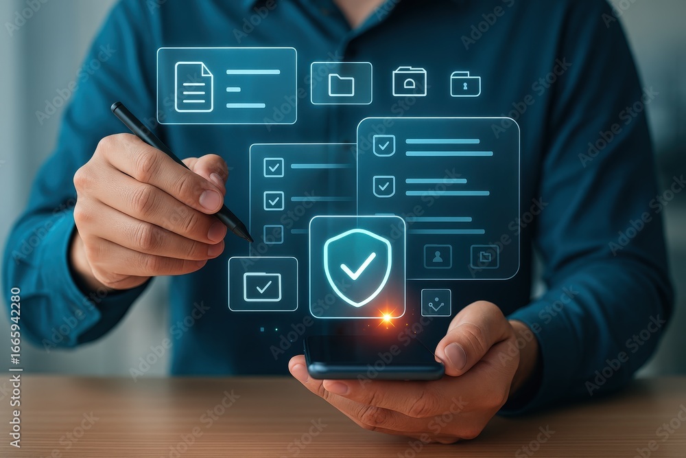 Poster a person interacts with digital documents and security icons projected onto a mobile phone screen.