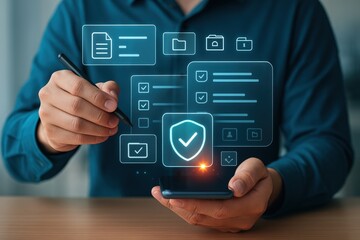A person interacts with digital documents and security icons projected onto a mobile phone screen.