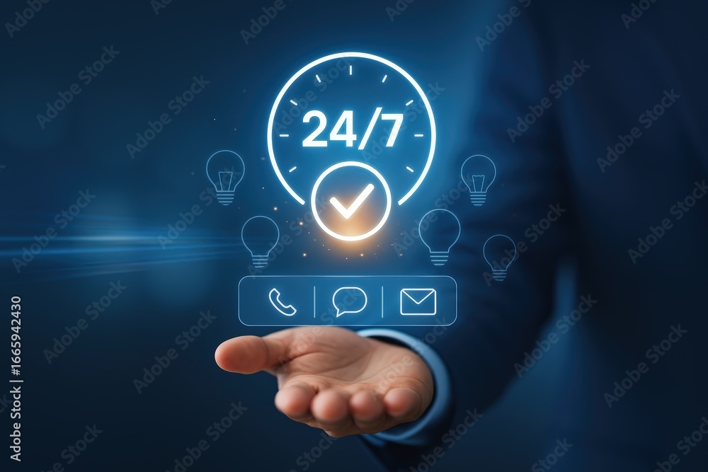 Poster a hand displays a digital interface showcasing 24/7 availability and contact options.