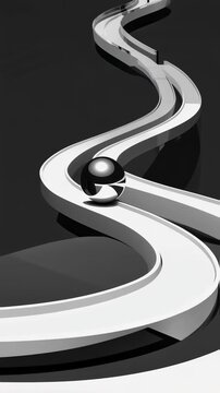 Sleek metallic sphere navigates winding monochrome track with fluid grace