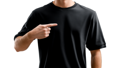 Man pointing at black t-shirt demonstrating garment space, cut out transparent