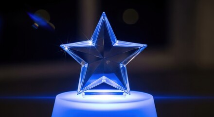 Glowing blue crystal star award trophy on a pedestal with a dark background and lens flare.