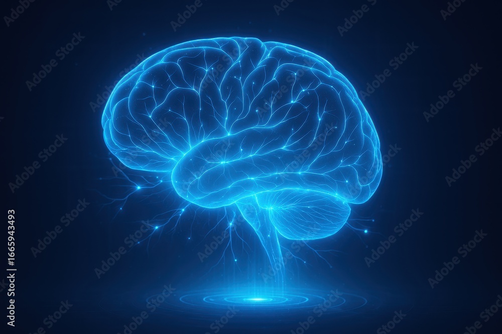 Poster vivid brain: an artistic rendering of the human brain in neon blue, illuminated against a dark backd