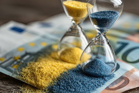 Two sand timers, yellow and blue, on euro banknotes