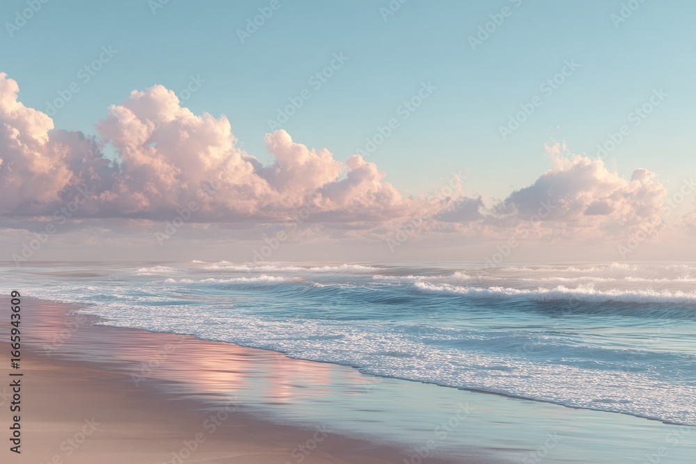Canvas Prints relaxing beach view at sunset with gentle waves, soft clouds, and tranquil sky creating a serene atm