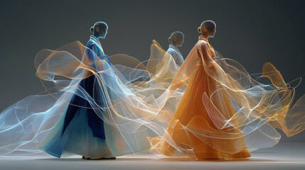 한복의 형태와 미래적인 네온의 파동을 융합한 반추상적 배경-A semi-abstract background that fuses the shape of Hanbok with futuristic neon waves