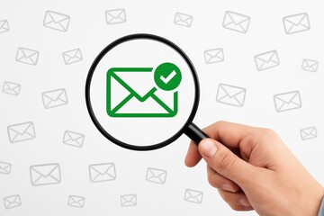 A magnified email icon with a check mark highlights an important message amongst a background of similar icons.