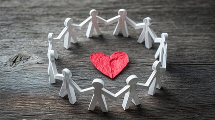 Top view of red origami heart surrounded by circle of white origami figures holding hands on wooden surface, symbol of unity, friendship, community support and International Day of Non-Violence