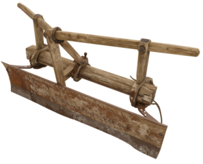 Rustic wooden plow isolated, field background, farming tool
