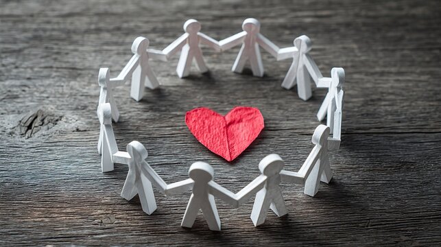 Top view of red origami heart surrounded by circle of white origami figures holding hands on wooden surface, symbol of unity, friendship, community support and International Day of Non-Violence